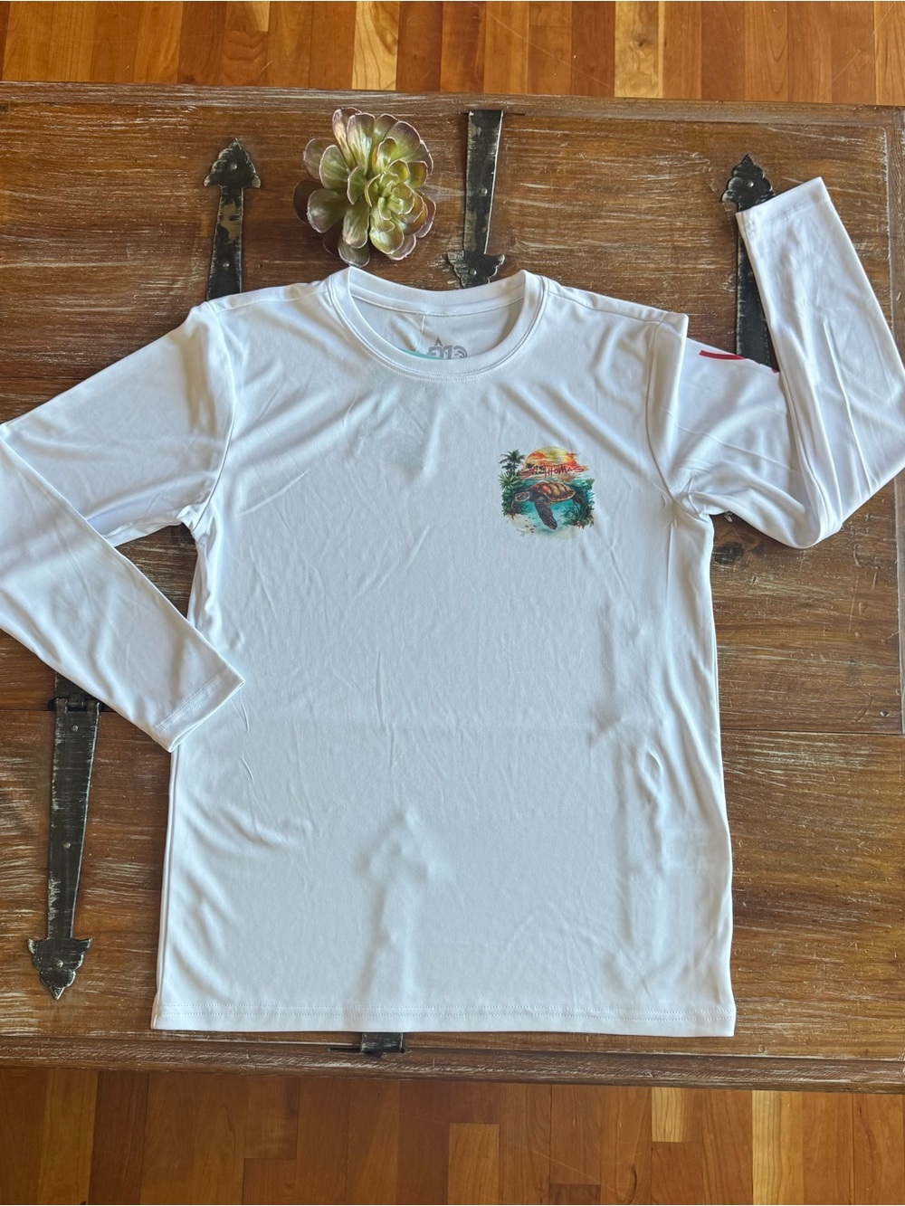 White Long Sleeve Graphic Tee with Sea Turtle - UPF 50+